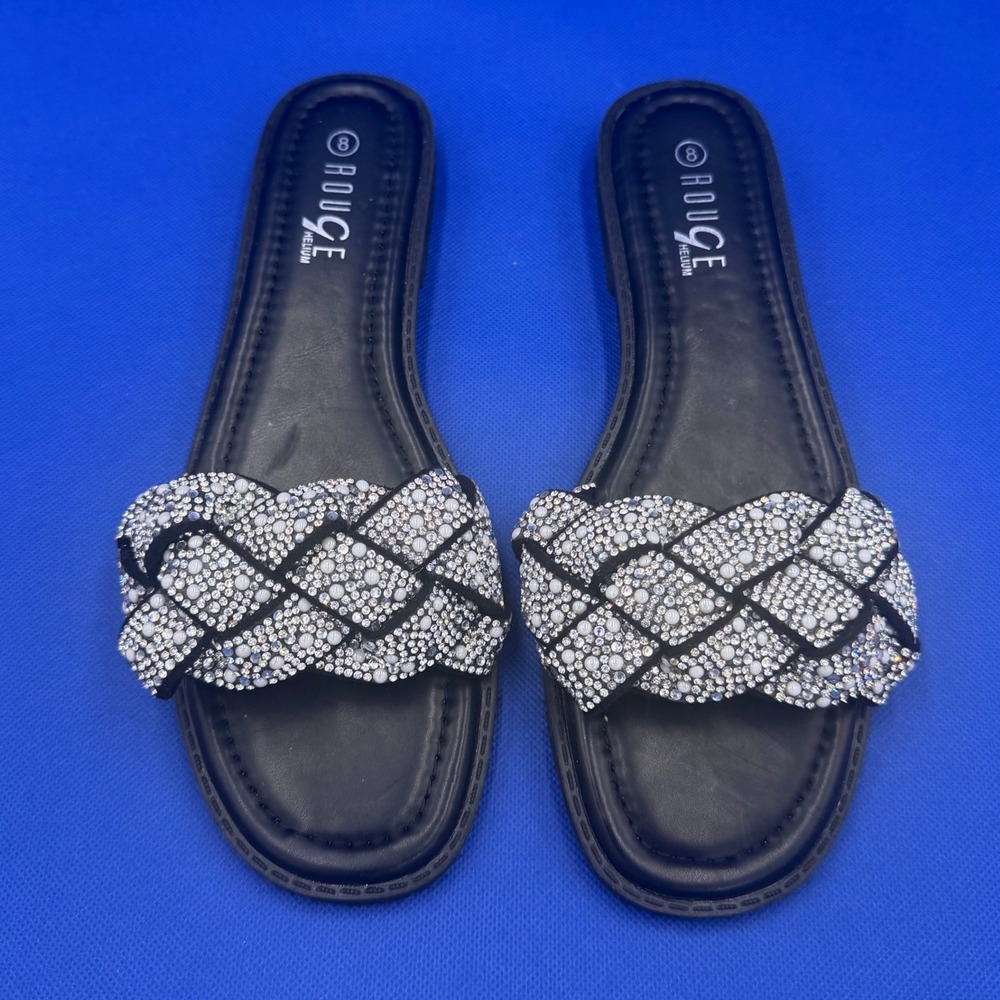 Braided Rhinestone Pearl Embellished black Slide Sandals 8 Casual Party Resort
